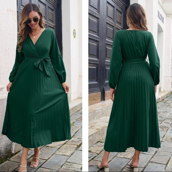 Green Pleated Long Sleeve Surplice Maxi Dress - Picture 2 of 2